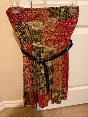 Poetry Strapless Patchwork Sundress in Red and Gold